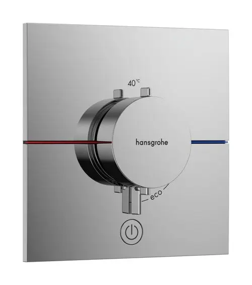 Thermostat für eine Dusche von Hansgrohe mit kontrollierbarem Temperatur- und Wasserfluss, ausgestattet mit einem modernen, flachen Bedienpanel in Chromoptik.